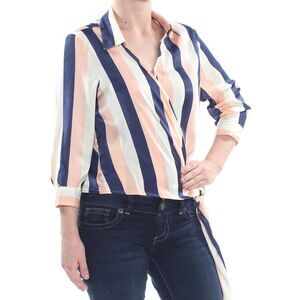 NWT PROJECT 28 NYC Womens Blue Striped 3/4 Sleeve Collared Top M